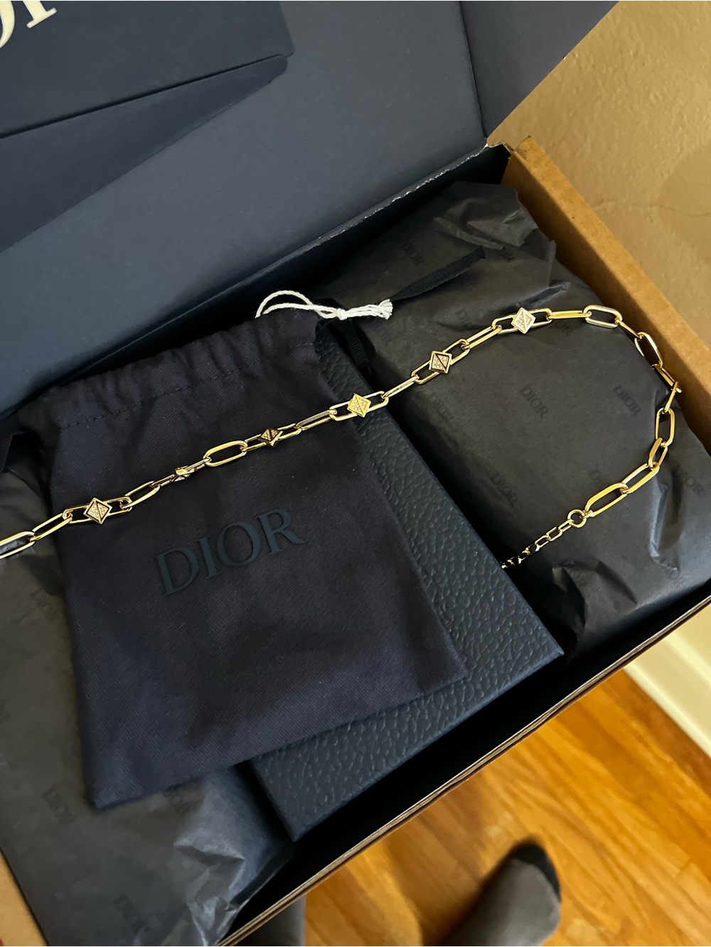 Dior Gold Link Chain Necklace with Geometric Accents